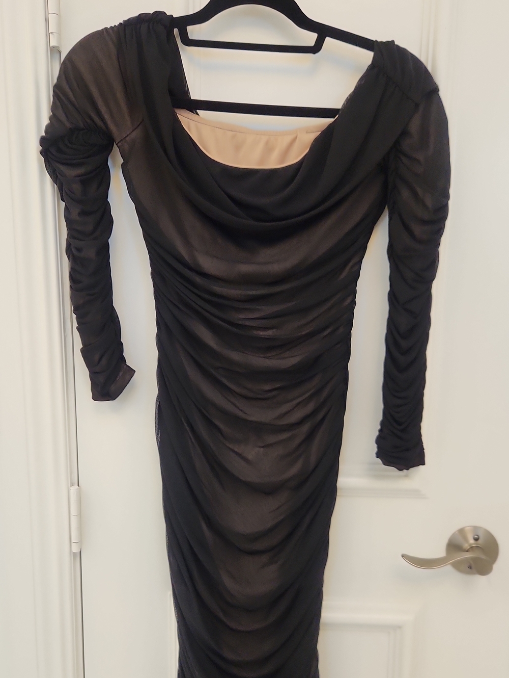 Black Ruched Long Sleeve Cowl Neck Dress